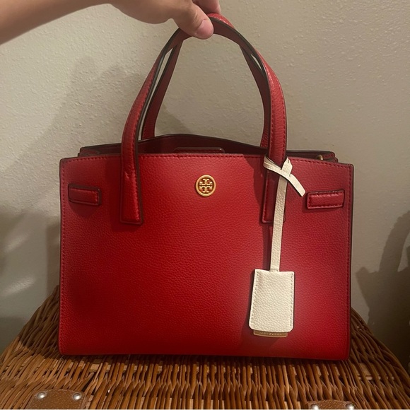 Tory Burch 2WAY Handbag Walker Small Satchel Red Gold Hardware Leather Luxury - Picture 2 of 10